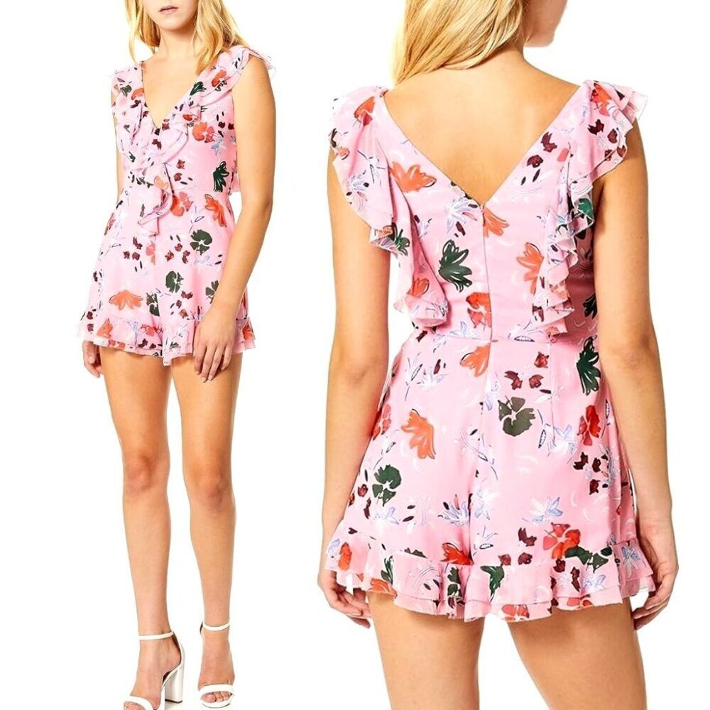 C/MEO Collective Romper Women‎ Small Pink Floral Print V Neck Ruffled Elation